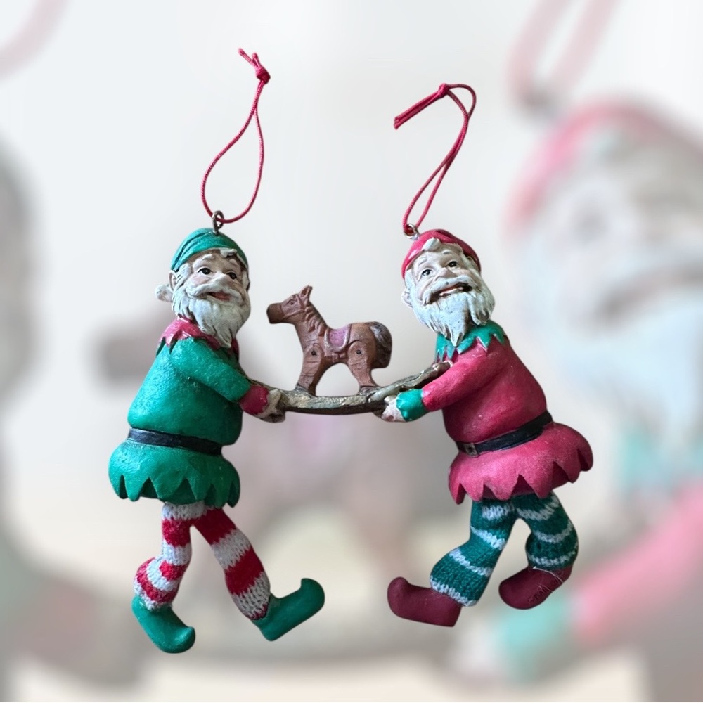 Festive Christmas Elf Ornament with Toy Horse Ceramic Rare